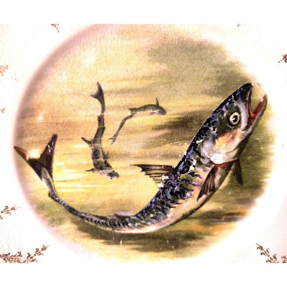 Antique Sterling China Fish Plates, Cabinet Plates, Wall Decor, SET/3 - Picture 6 of 12
